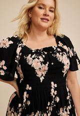 Plus Size Floral Smocked Flutter Sleeve Midi Dress, BLACK COMBO, small