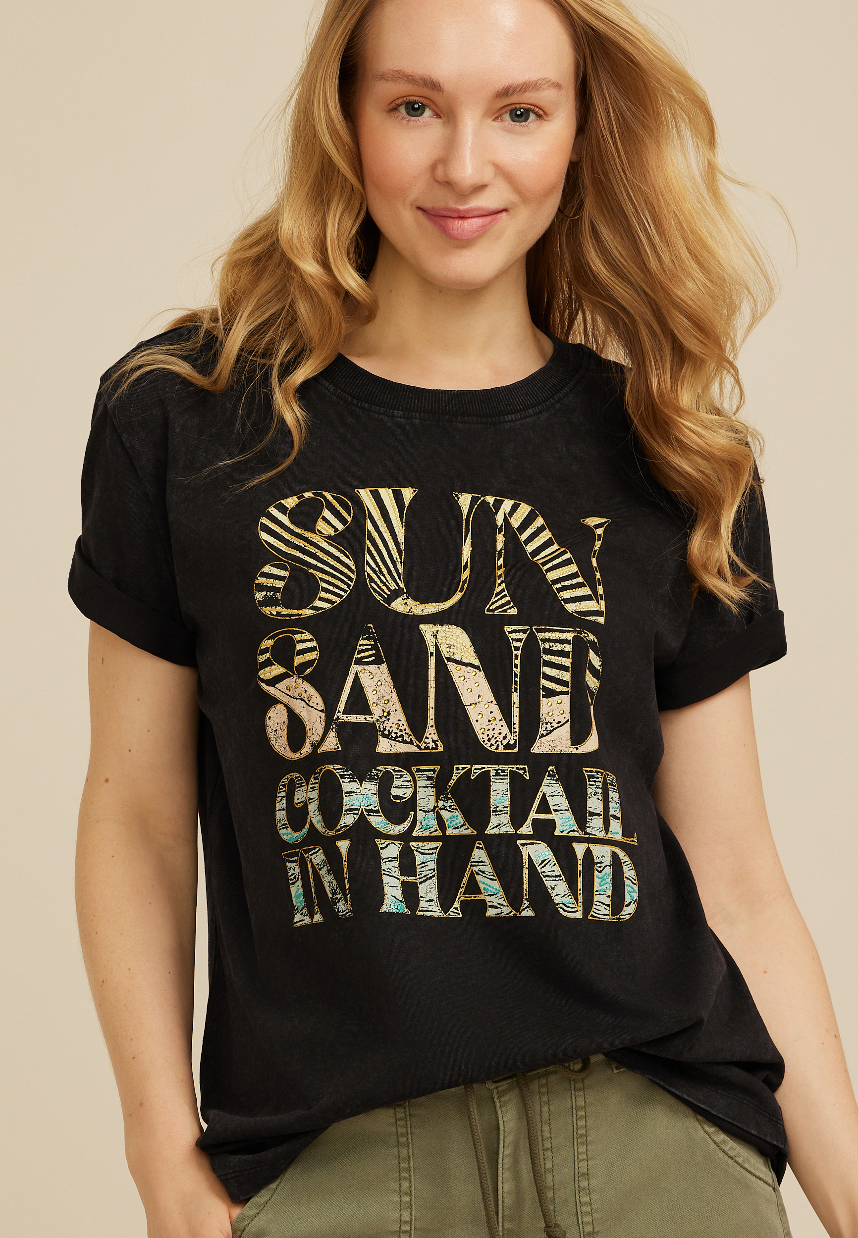 Sun Sand Cocktail In Hand Oversized Fit Graphic Tee