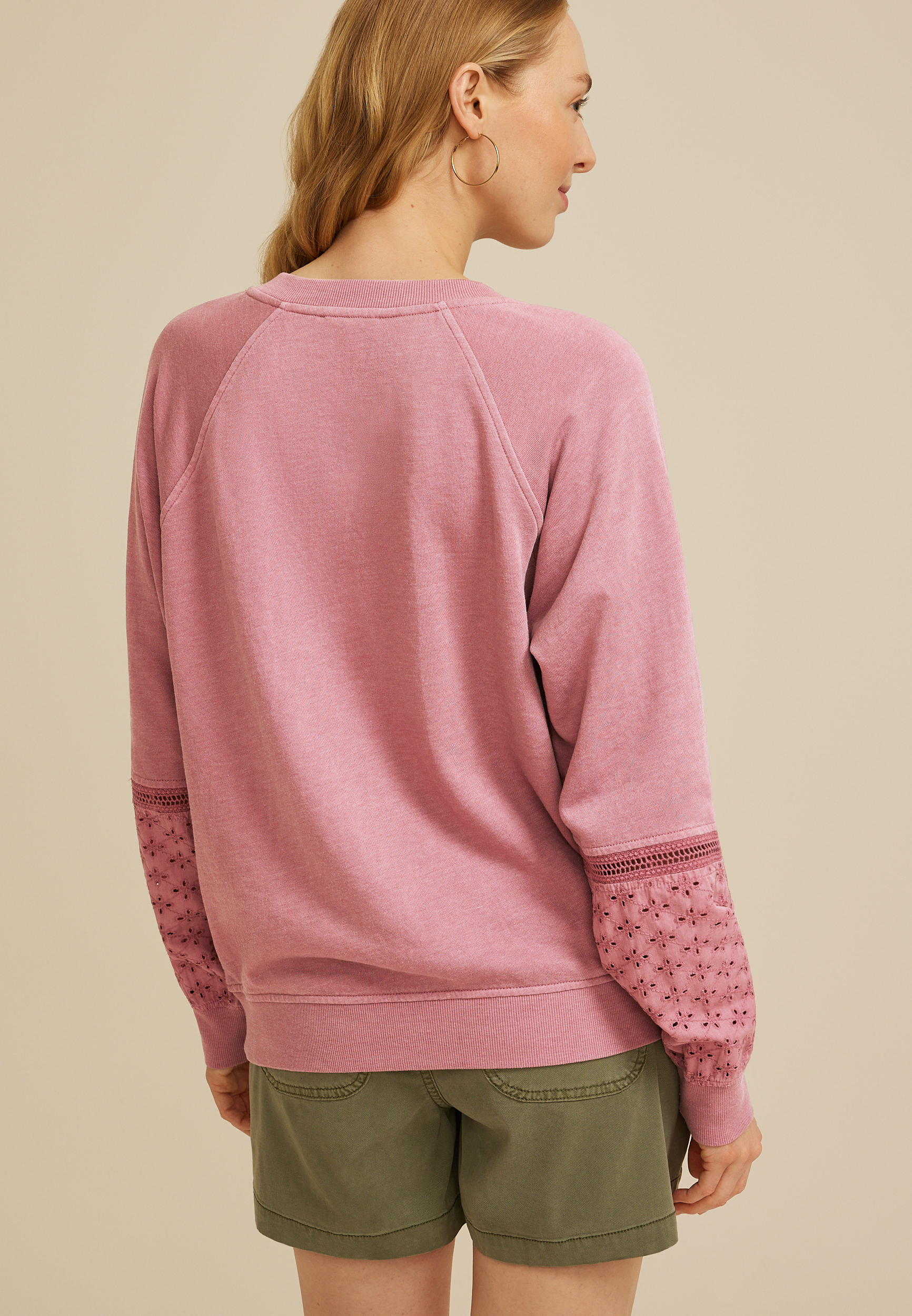 Eyelet Sleeve Relaxed Fit Sweatshirt, NOSTALGIA ROSE, large