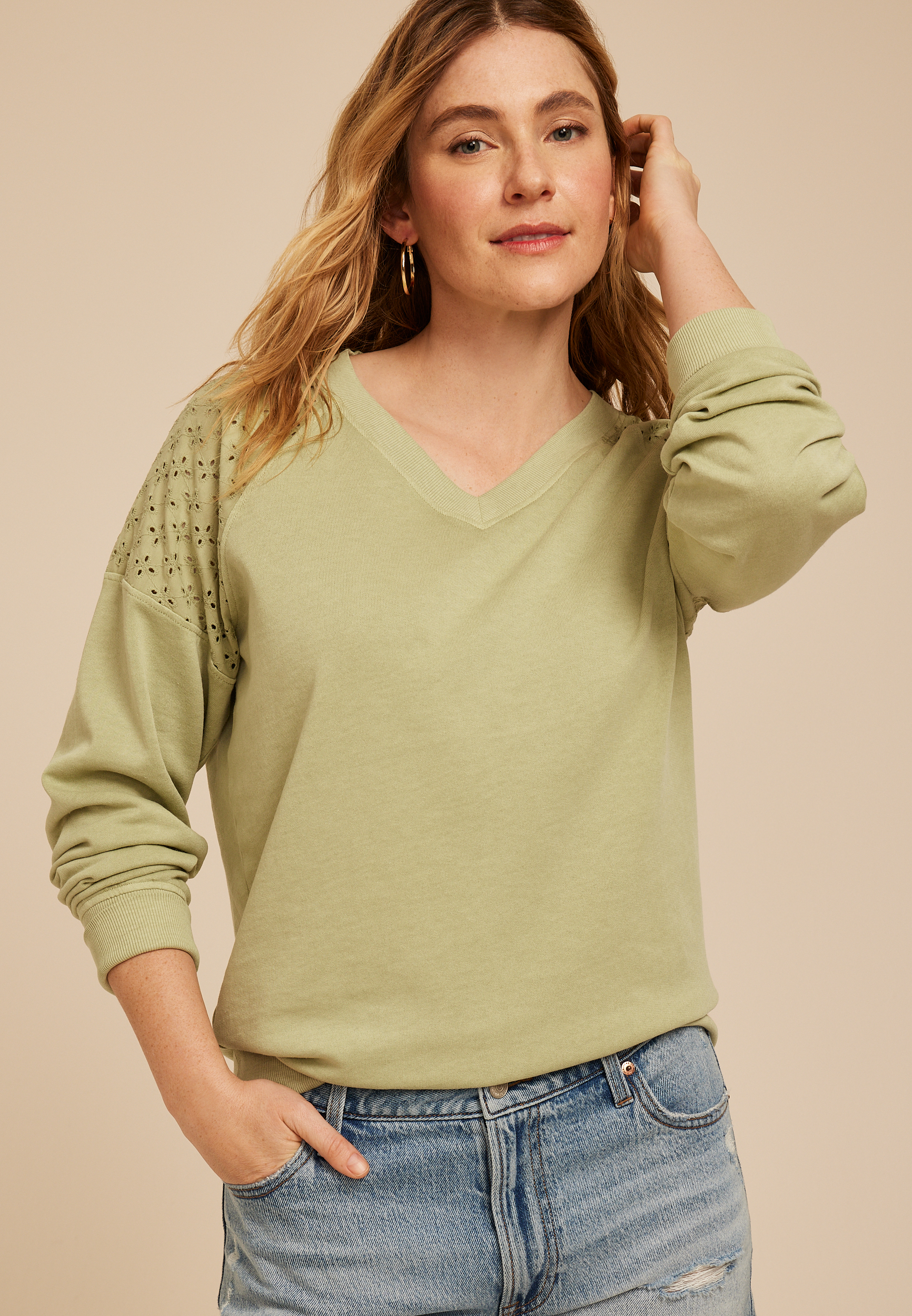 Eyelet Shoulder Relaxed Fit Sweatshirt
