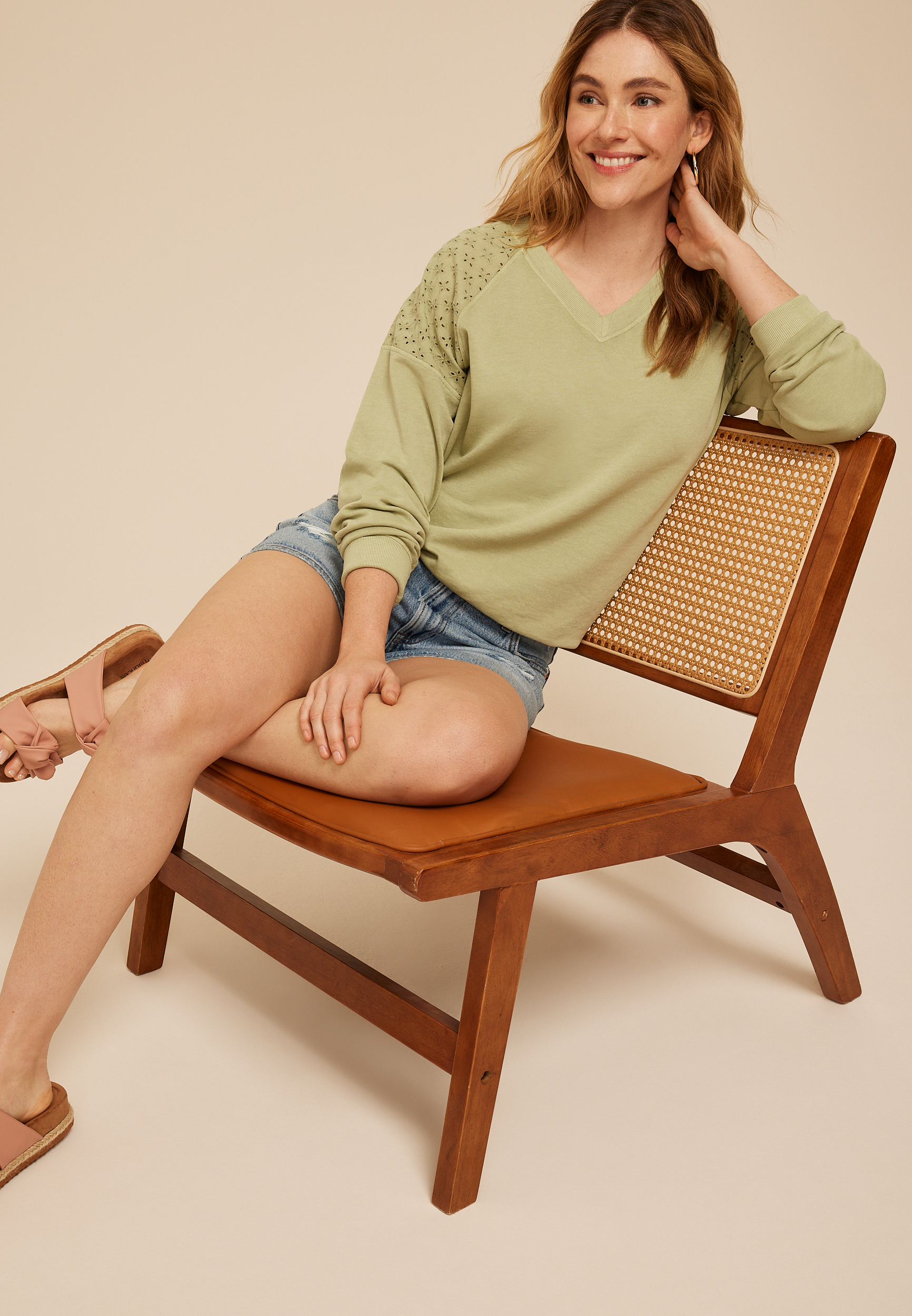 Eyelet Shoulder Relaxed Fit Sweatshirt, C738, large