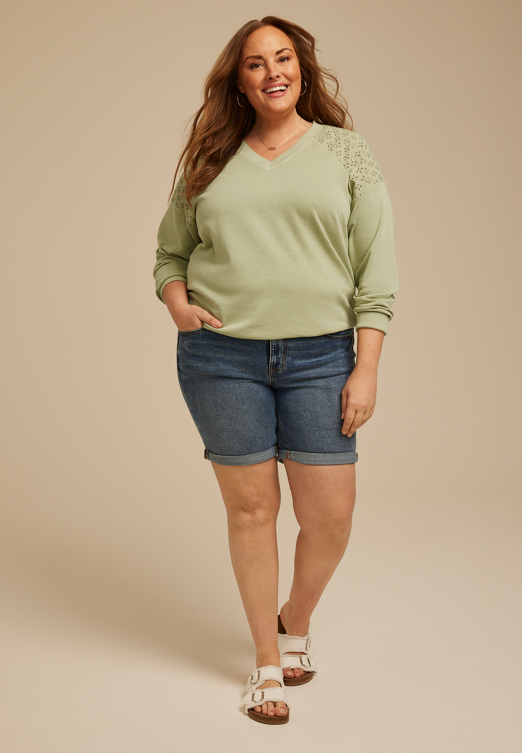 Plus Size Eyelet Shoulder Relaxed Fit Sweatshirt