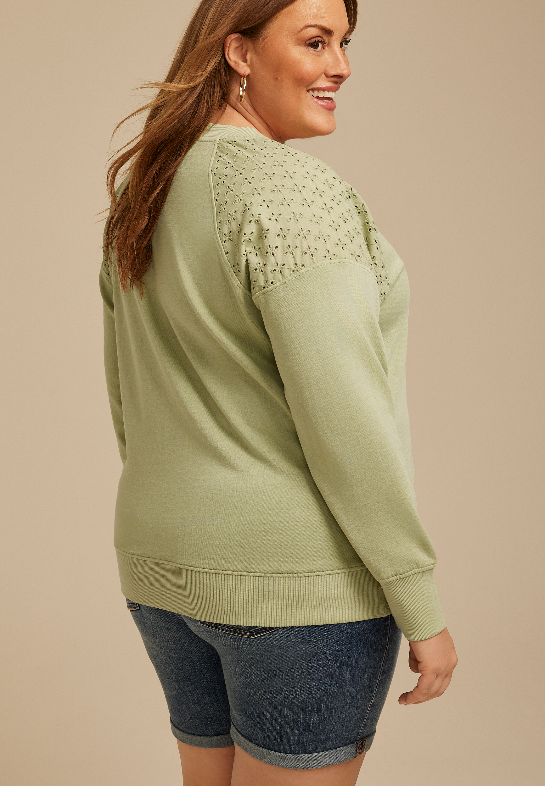Plus Size Eyelet Shoulder Relaxed Fit Sweatshirt, C738, large