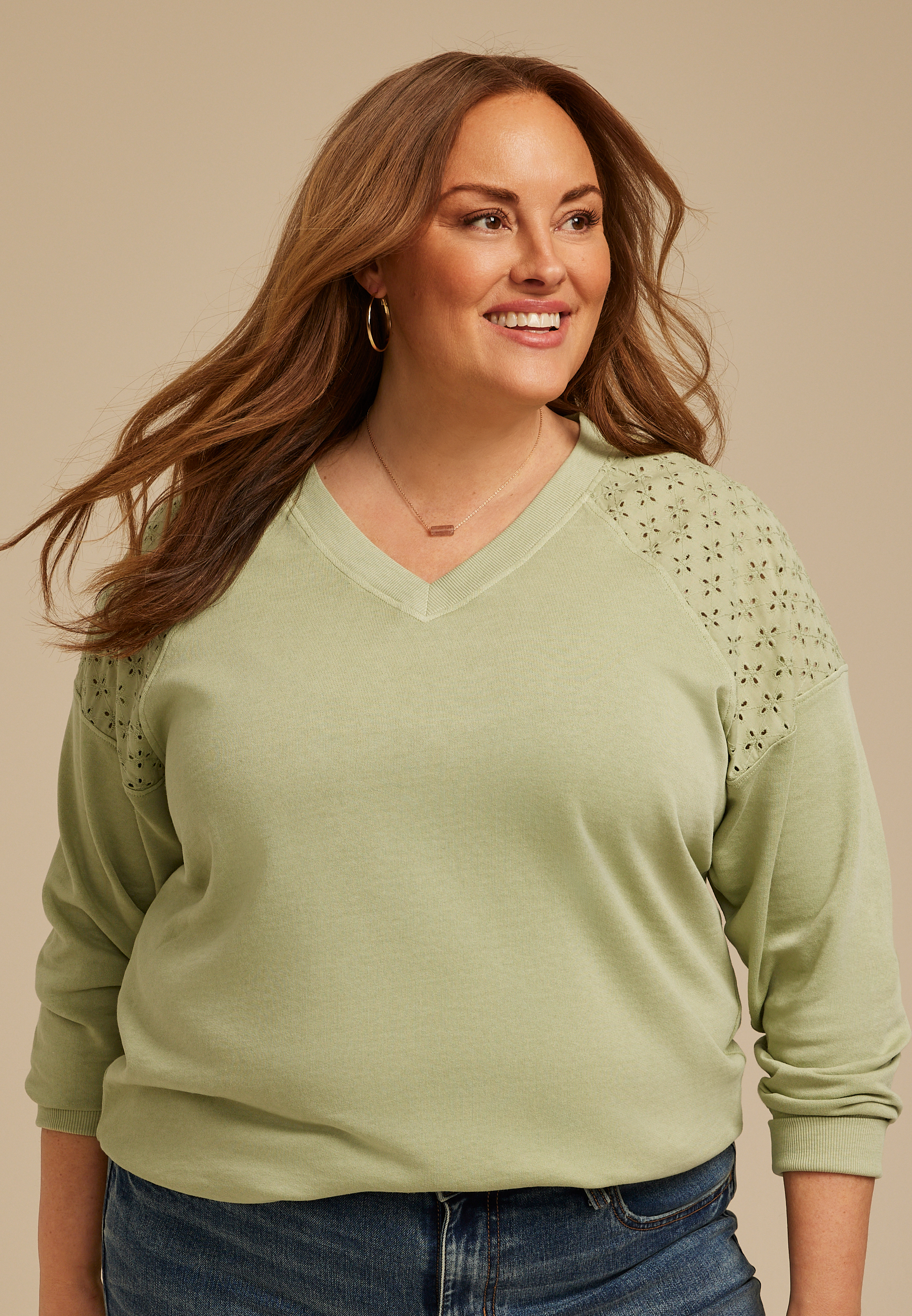 Plus Size Eyelet Shoulder Relaxed Fit Sweatshirt | maurices