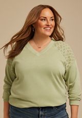 Plus Size Eyelet Shoulder Relaxed Fit Sweatshirt, C738, small