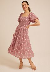 Embroidered Floral Smocked Bubble Sleeve Midi Dress, C1395, small