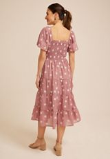 Embroidered Floral Smocked Bubble Sleeve Midi Dress, C1395, small
