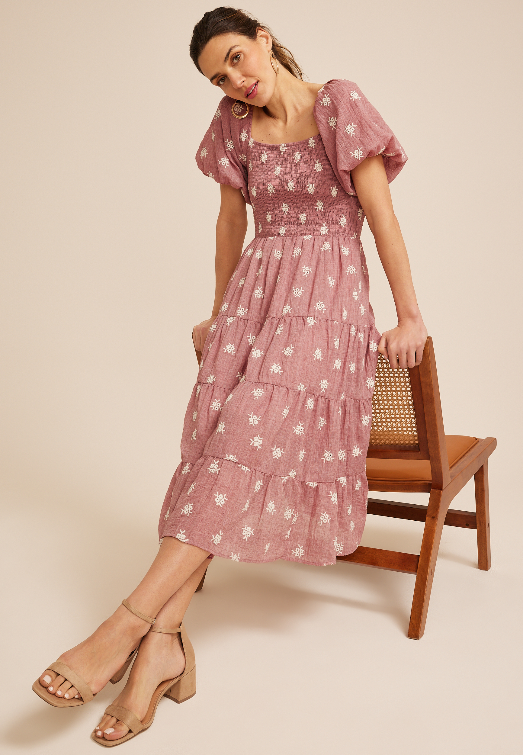 Embroidered Floral Smocked Bubble Sleeve Midi Dress, C1395, large