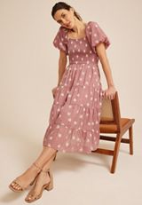 Embroidered Floral Smocked Bubble Sleeve Midi Dress, C1395, small