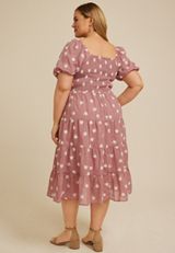 Plus Size Embroidered Floral Smocked Bubble Sleeve Midi Dress, NOSTALGIA ROSE, small