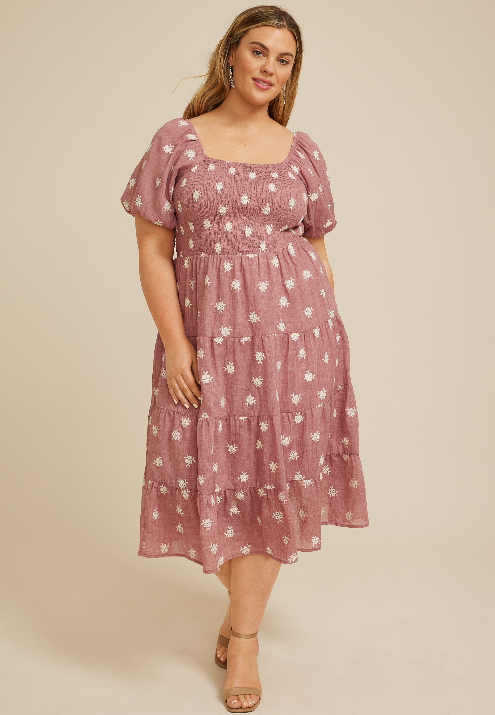 Maurices Plus Size Women's Embroidered Floral Smocked Bubble Sleeve Midi Dress Pink Size 1X