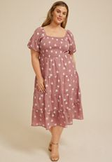 Plus Size Embroidered Floral Smocked Bubble Sleeve Midi Dress, NOSTALGIA ROSE, small