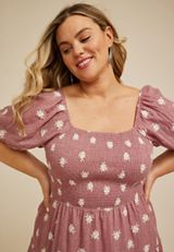 Plus Size Embroidered Floral Smocked Bubble Sleeve Midi Dress, NOSTALGIA ROSE, small