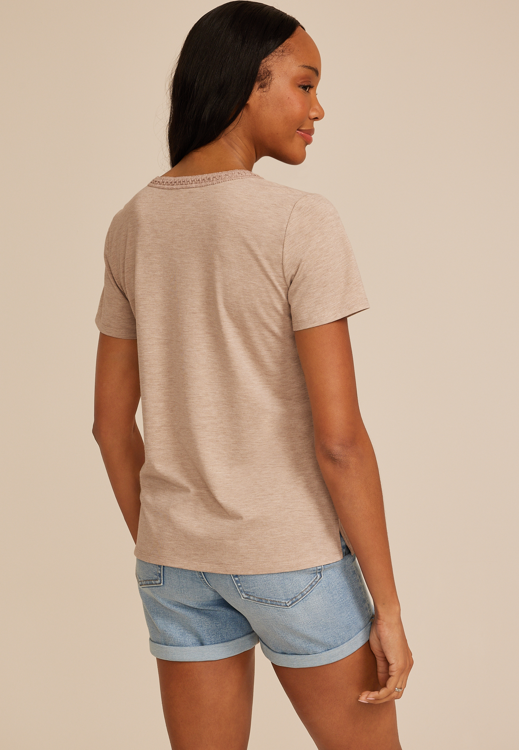 Crochet Trim V Neck Tee, C155, large