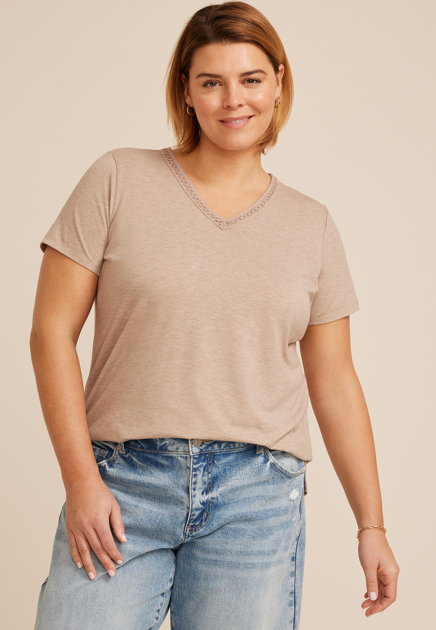 Plus Size Crochet Trim V Neck Tee