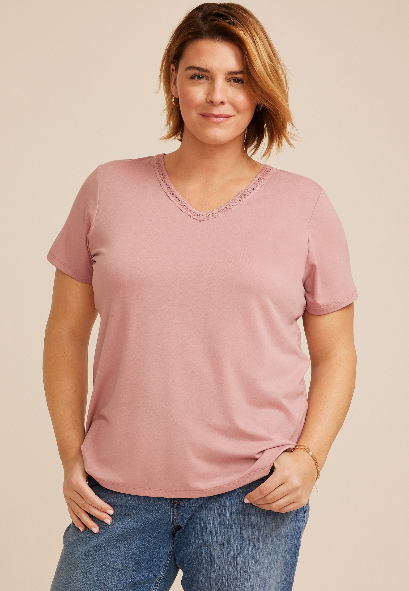Plus Size Crochet Trim V Neck Tee