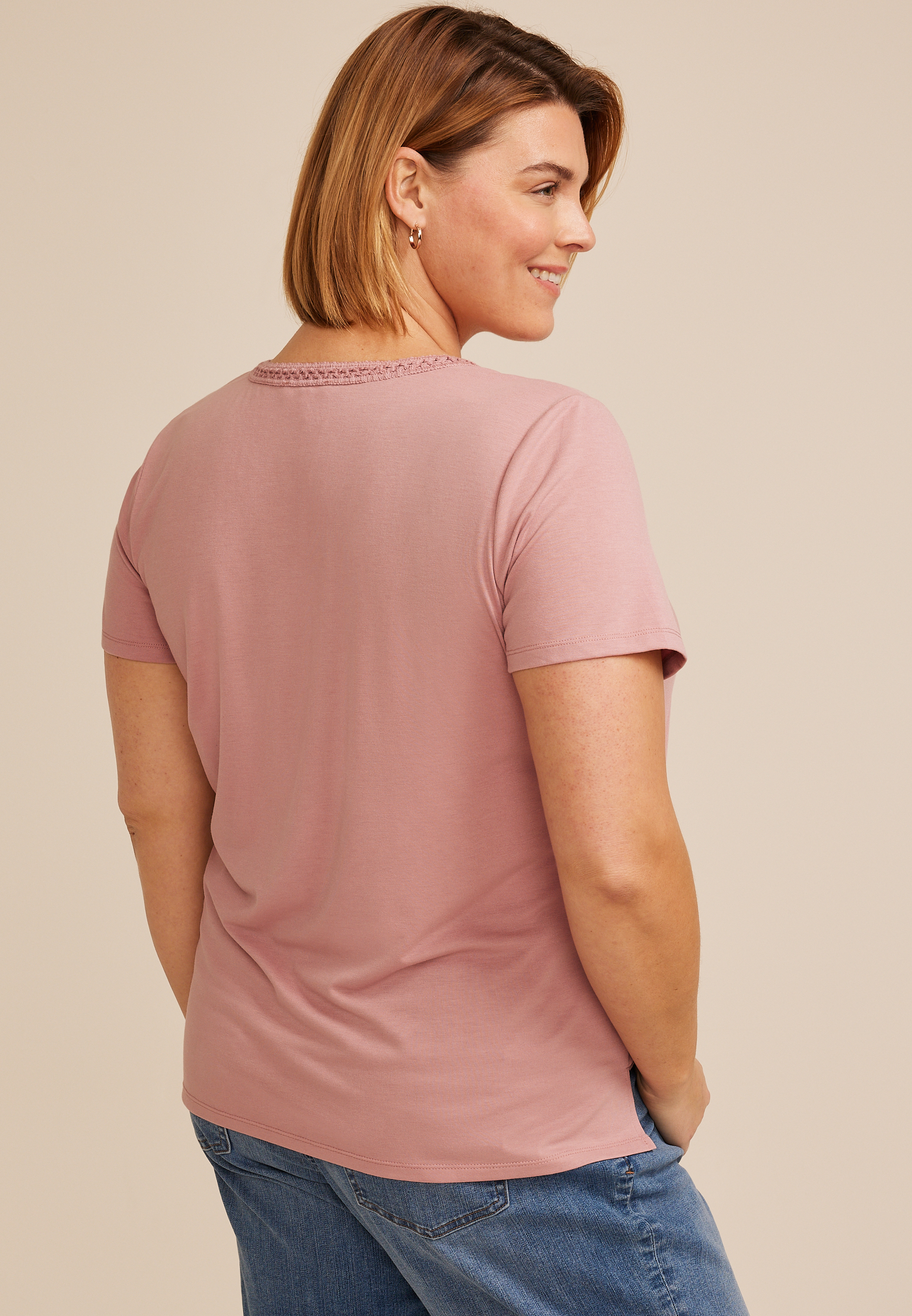 Plus Crochet Trim V Neck Tee