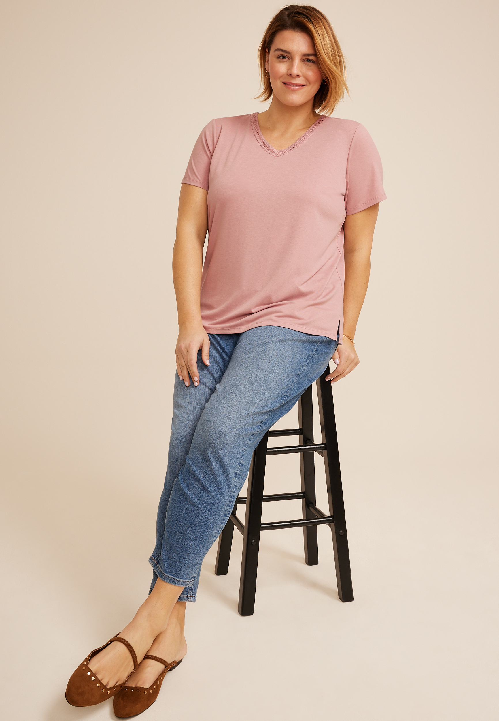 Plus Crochet Trim V Neck Tee