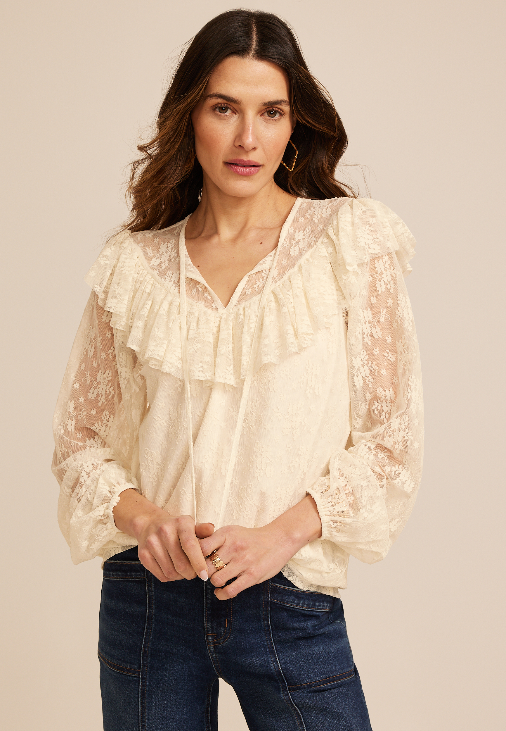 Sheer Lace Ruffle Yoke Blouse