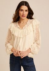 Sheer Lace Ruffle Yoke Blouse, C223, small