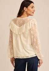Sheer Lace Ruffle Yoke Blouse, C223, small