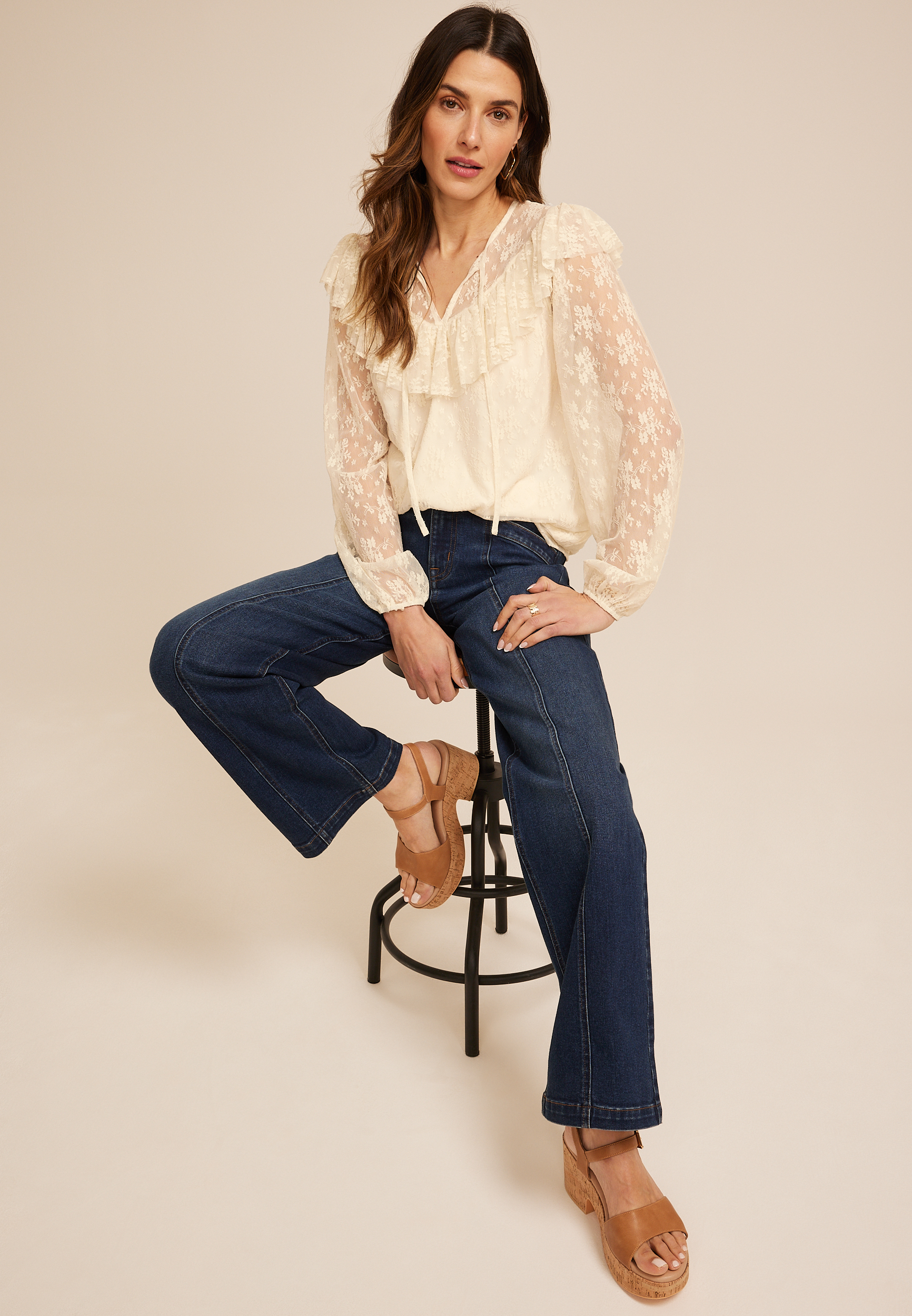 Sheer Lace Ruffle Yoke Blouse | maurices