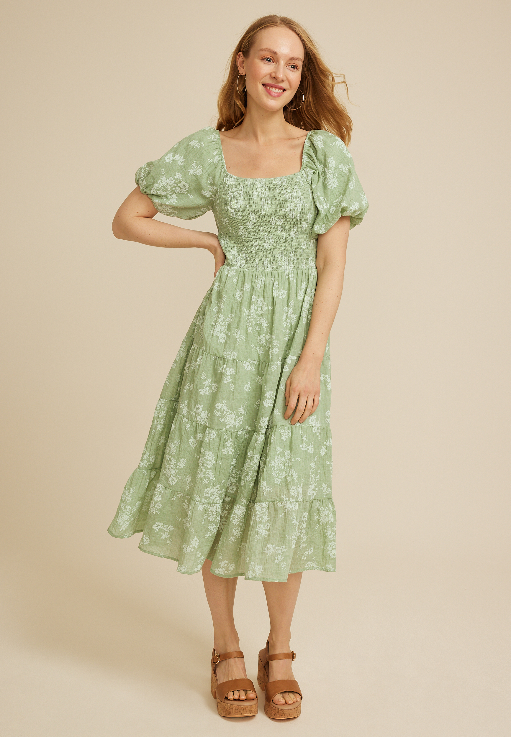 Floral Smocked Bubble Sleeve Midi Dress