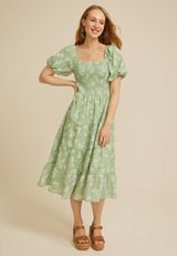 Floral Smocked Bubble Sleeve Midi Dress, C8712, small