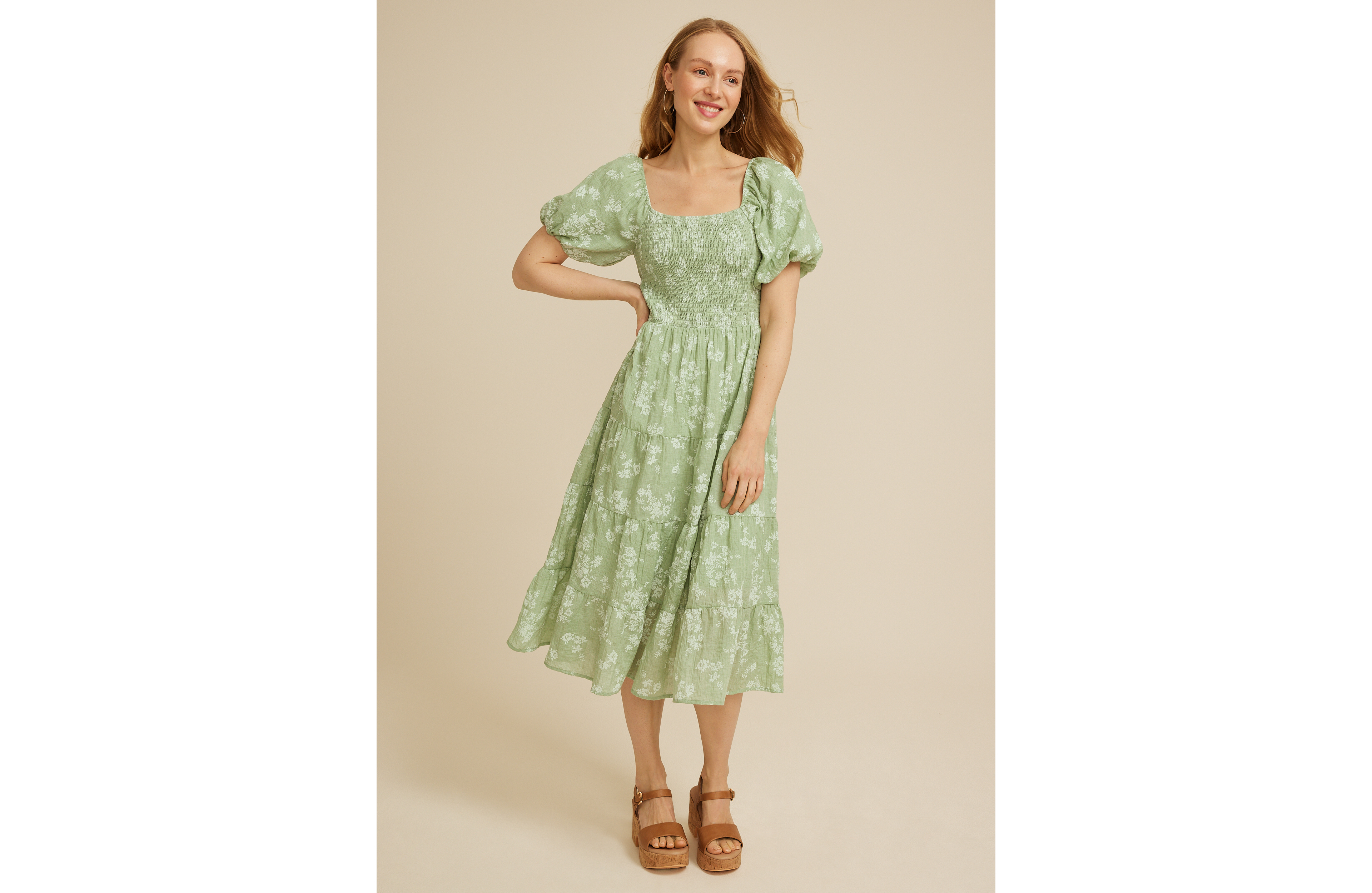Floral Smocked Bubble Sleeve Midi Dress
