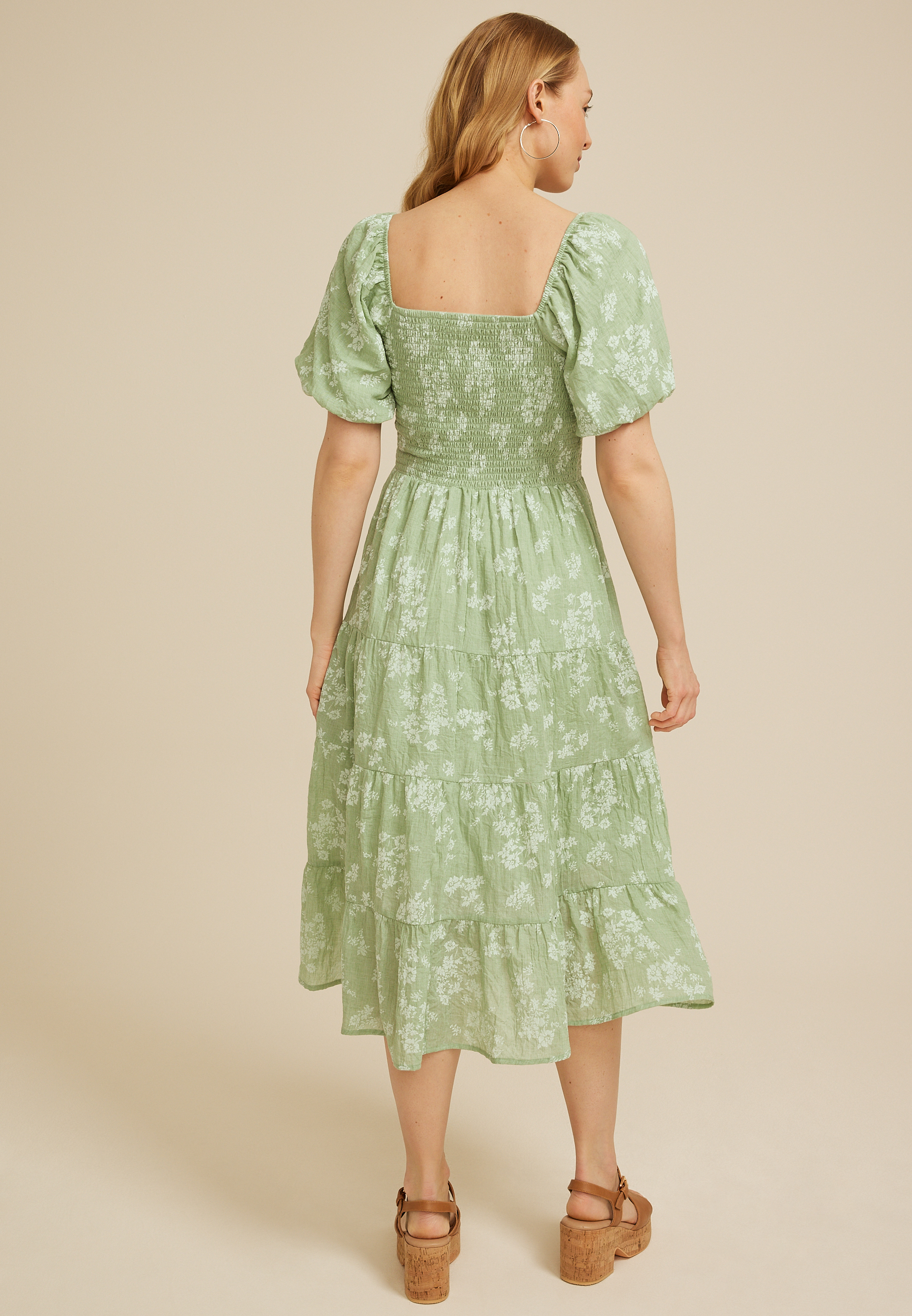 green floral midi dress with sleeves Nadia Green Floral Cutout Mini Dress - Size S - Sky To Moon - Smocked Bodice & Adjustable Straps
