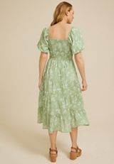 Floral Smocked Bubble Sleeve Midi Dress, C8712, small