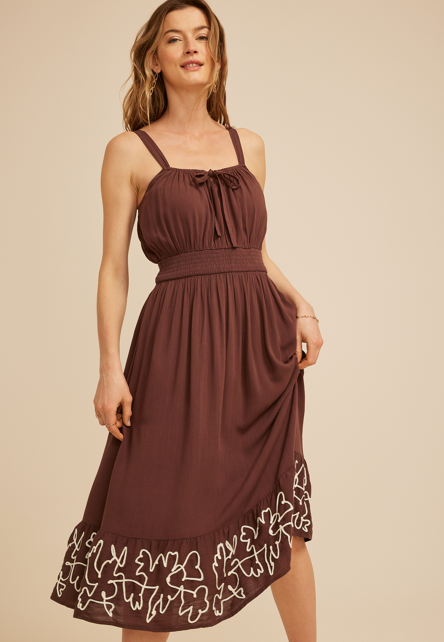 Bare Embroidered Hem Midi Dress
