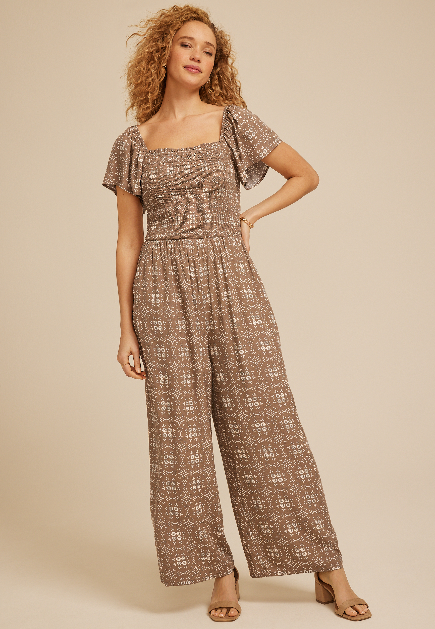 Printed Smocked Square Neck Jumpsuit
