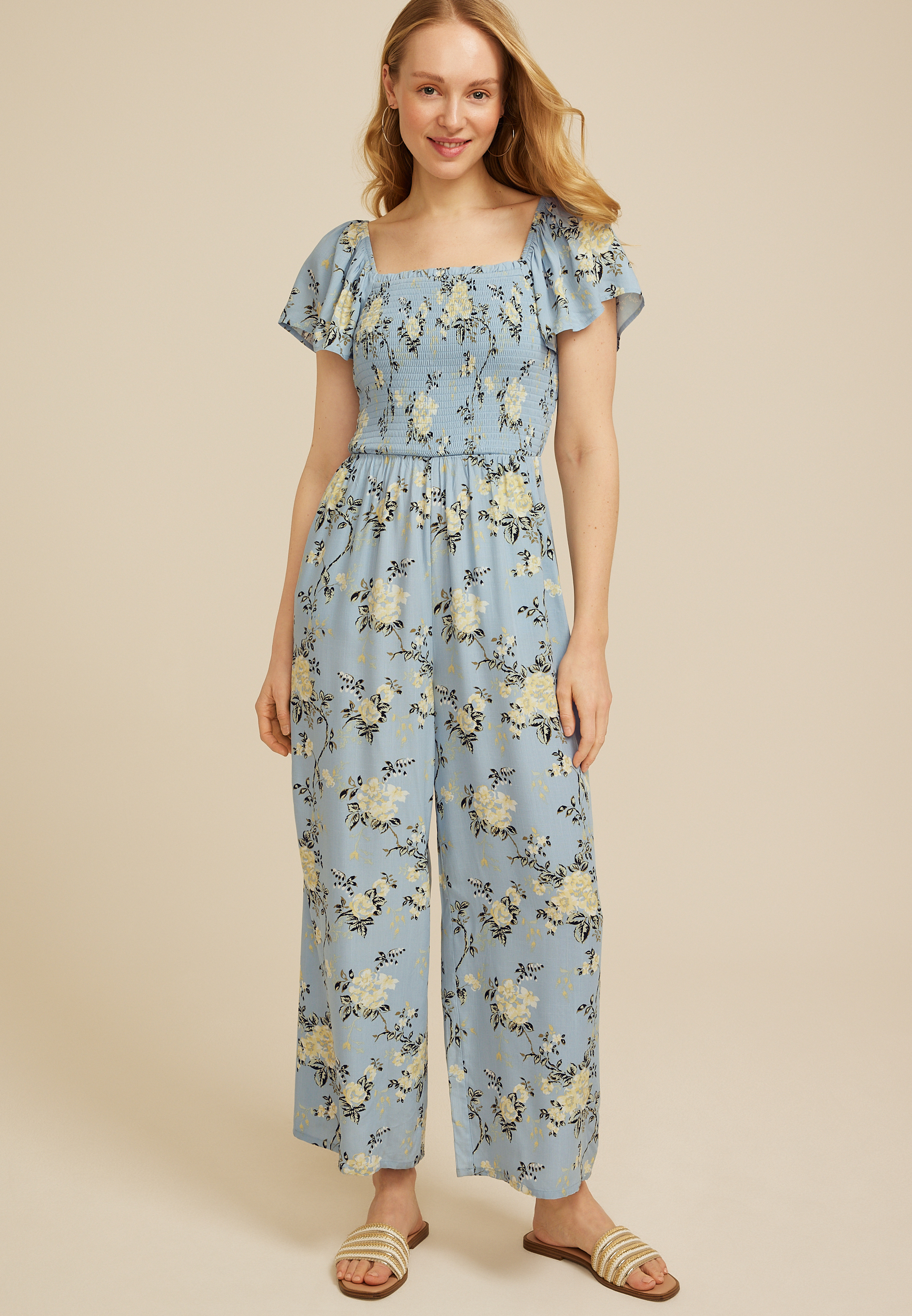Printed Smocked Square Neck Jumpsuit
