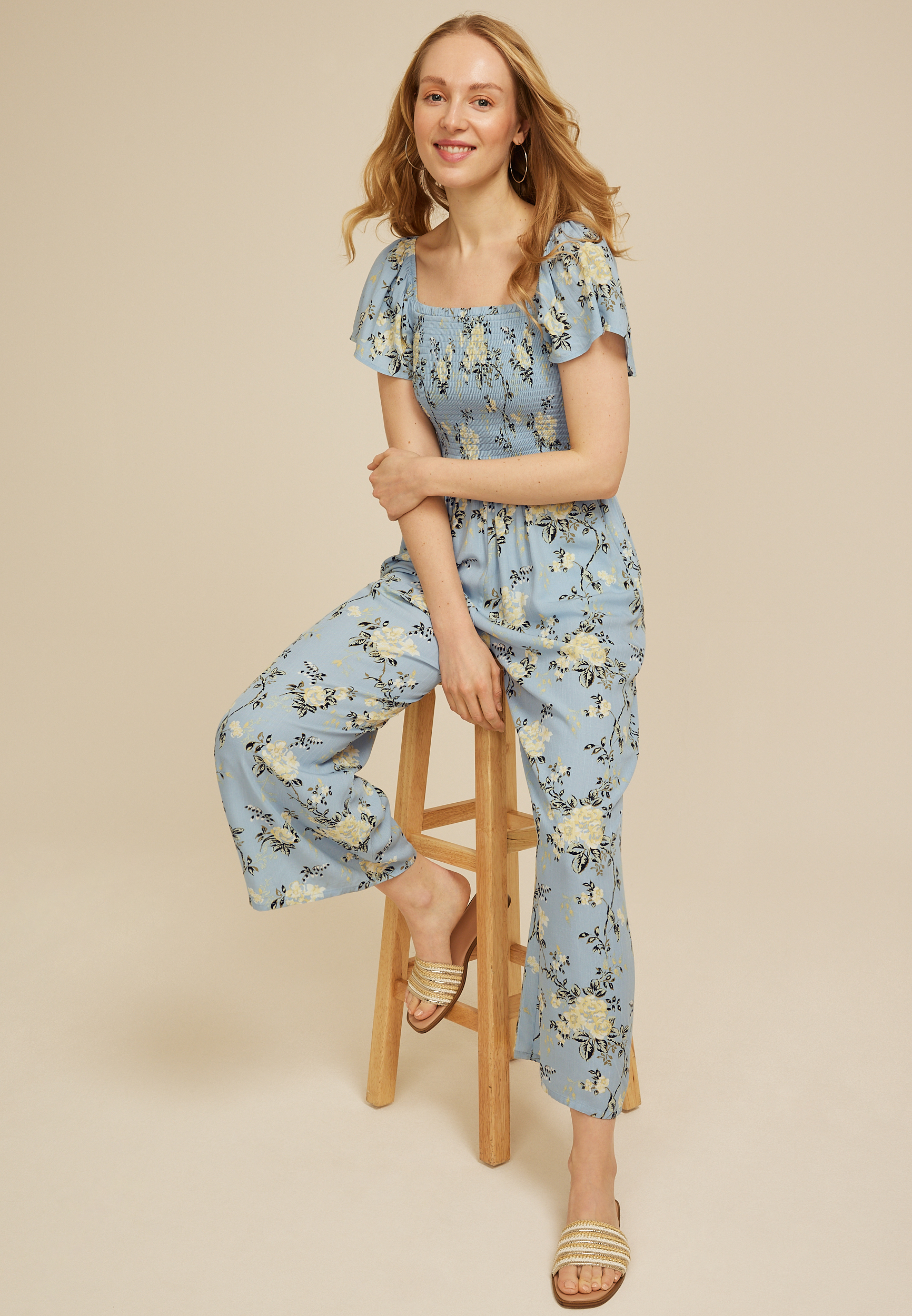 Printed Smocked Square Neck Jumpsuit, C8499, large