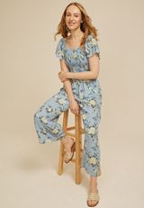 Printed Smocked Square Neck Jumpsuit, C8499, small