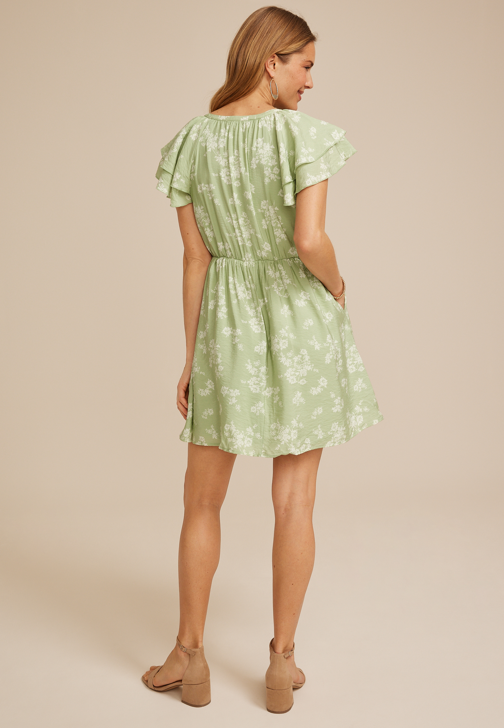 Floral Notch Neck Double Flutter Mini Dress, C1774, large