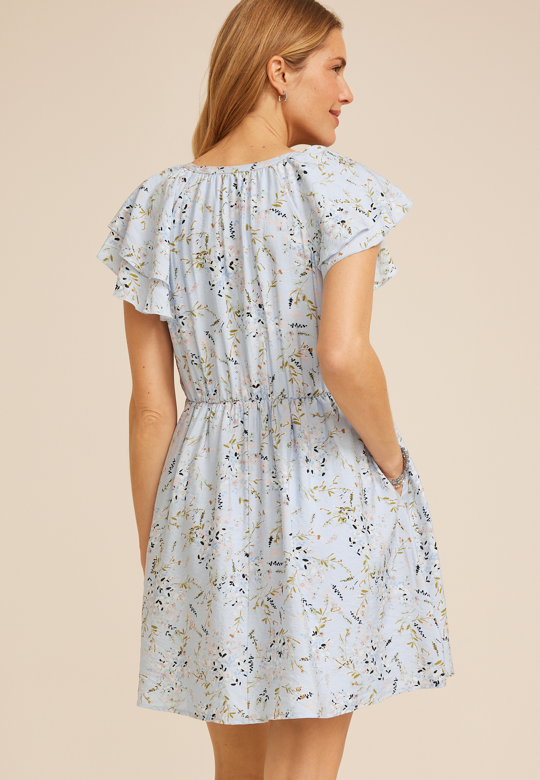 Floral Notch Neck Double Flutter Mini Dress - thumbnail 2