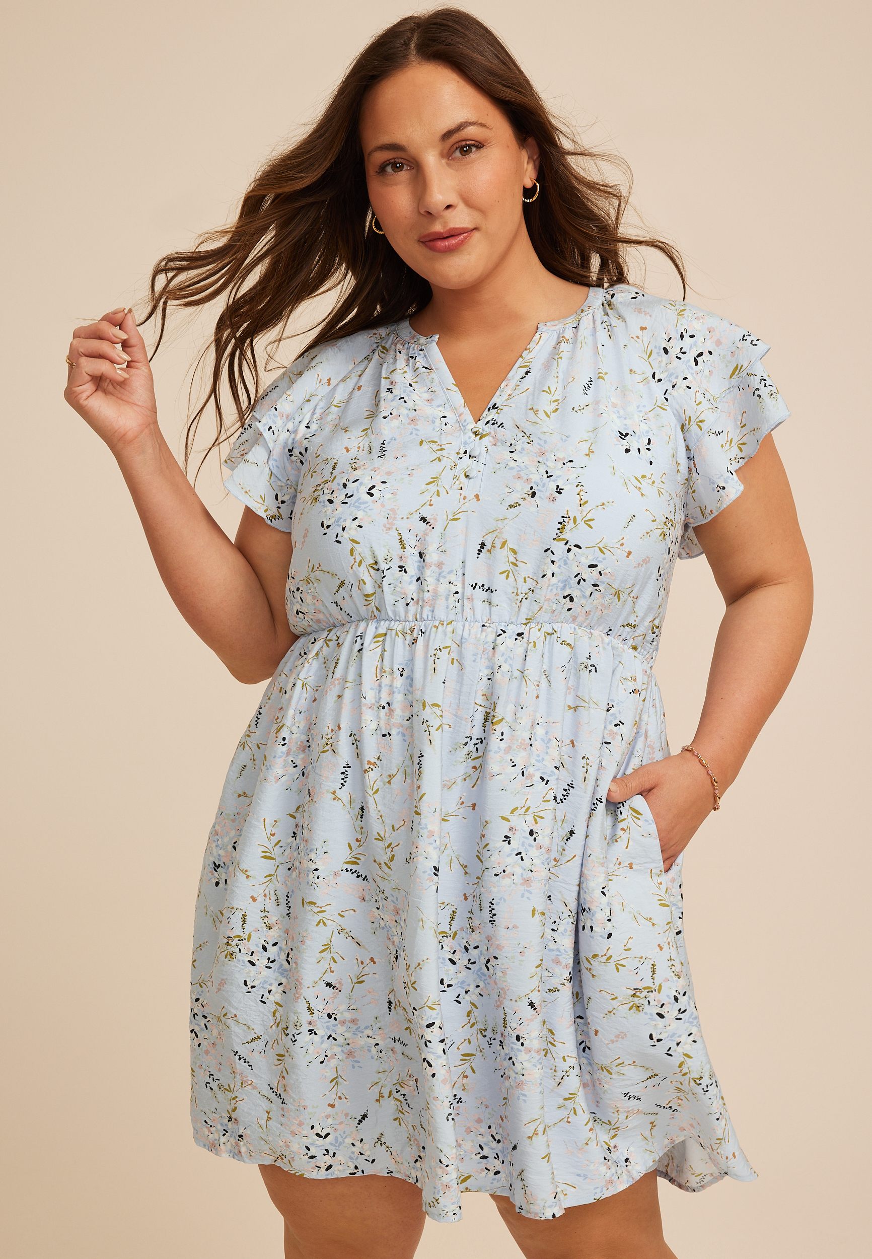Plus Size Floral Notch Neck Double Flutter Mini Dress