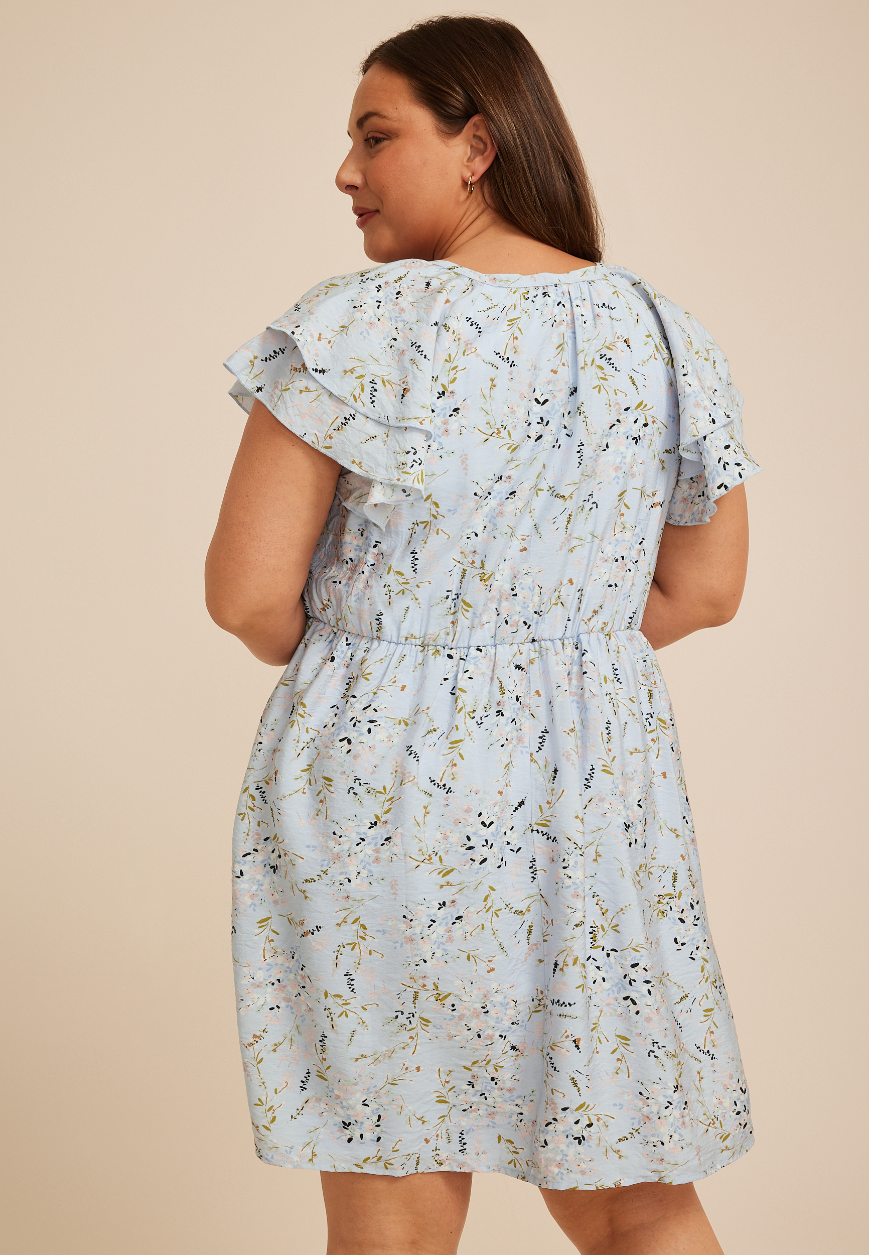Plus Size Floral Notch Neck Double Flutter Mini Dress, C9482, large
