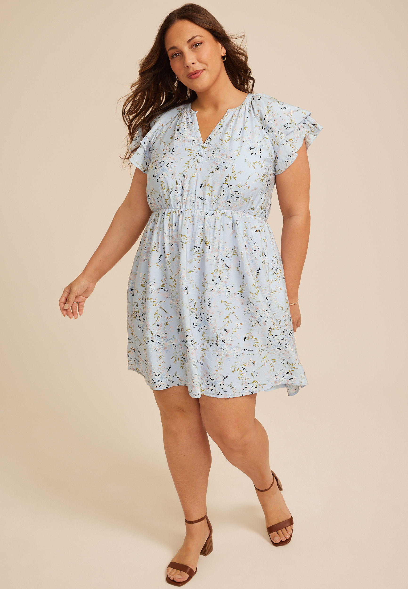 Plus Size Floral Notch Neck Double Flutter Mini Dress, C9482, large