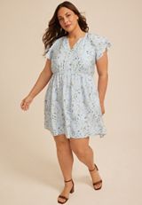 Plus Size Floral Notch Neck Double Flutter Mini Dress, C9482, small