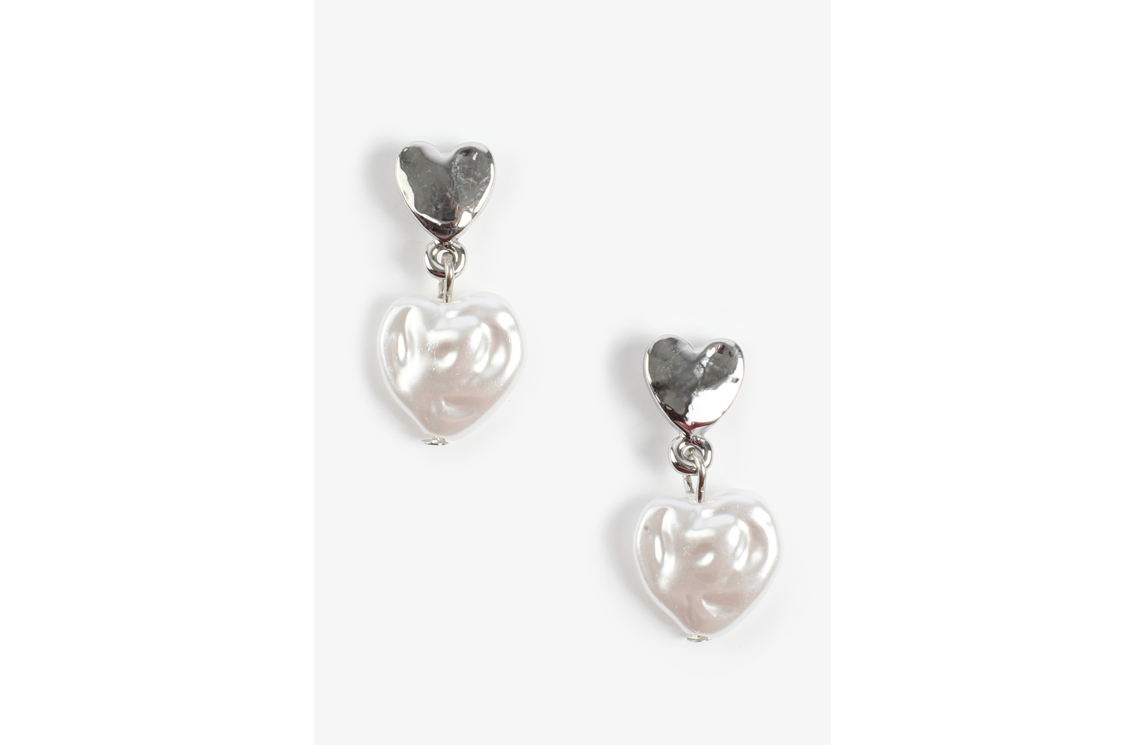 Silver Hammered Heart And Faux Pearl Drop Earrings