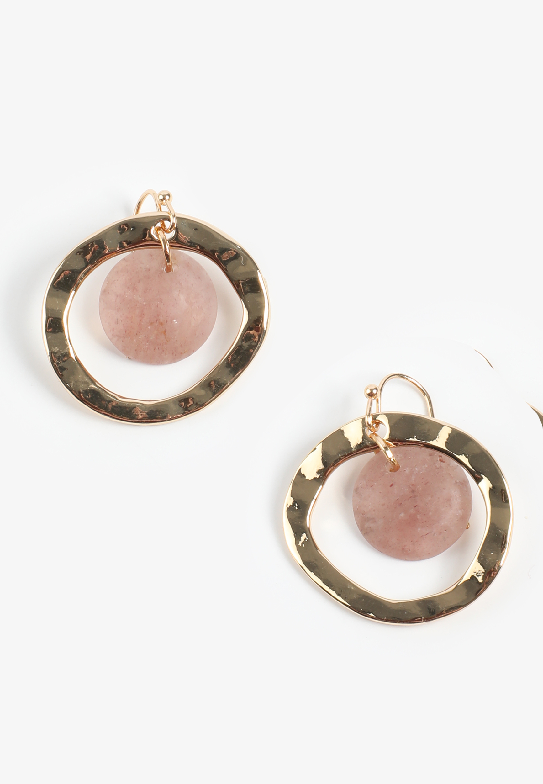 Gold Hammered Pink Stone Hoop Earrings