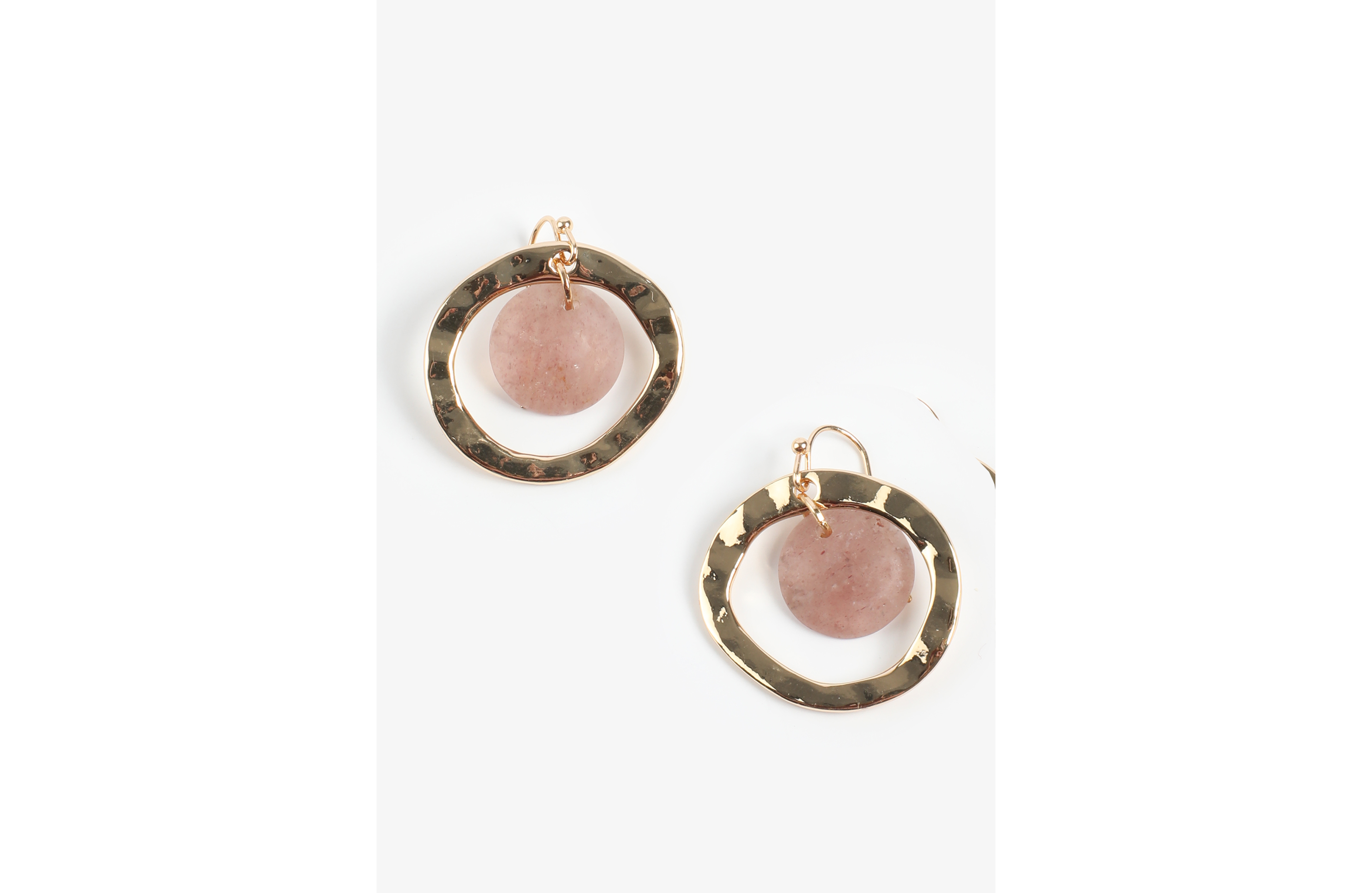 Gold Hammered Pink Stone Hoop Earrings