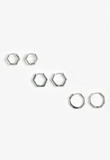 Silver Hexagon Hoop Trio Earring Set, SILVER, small