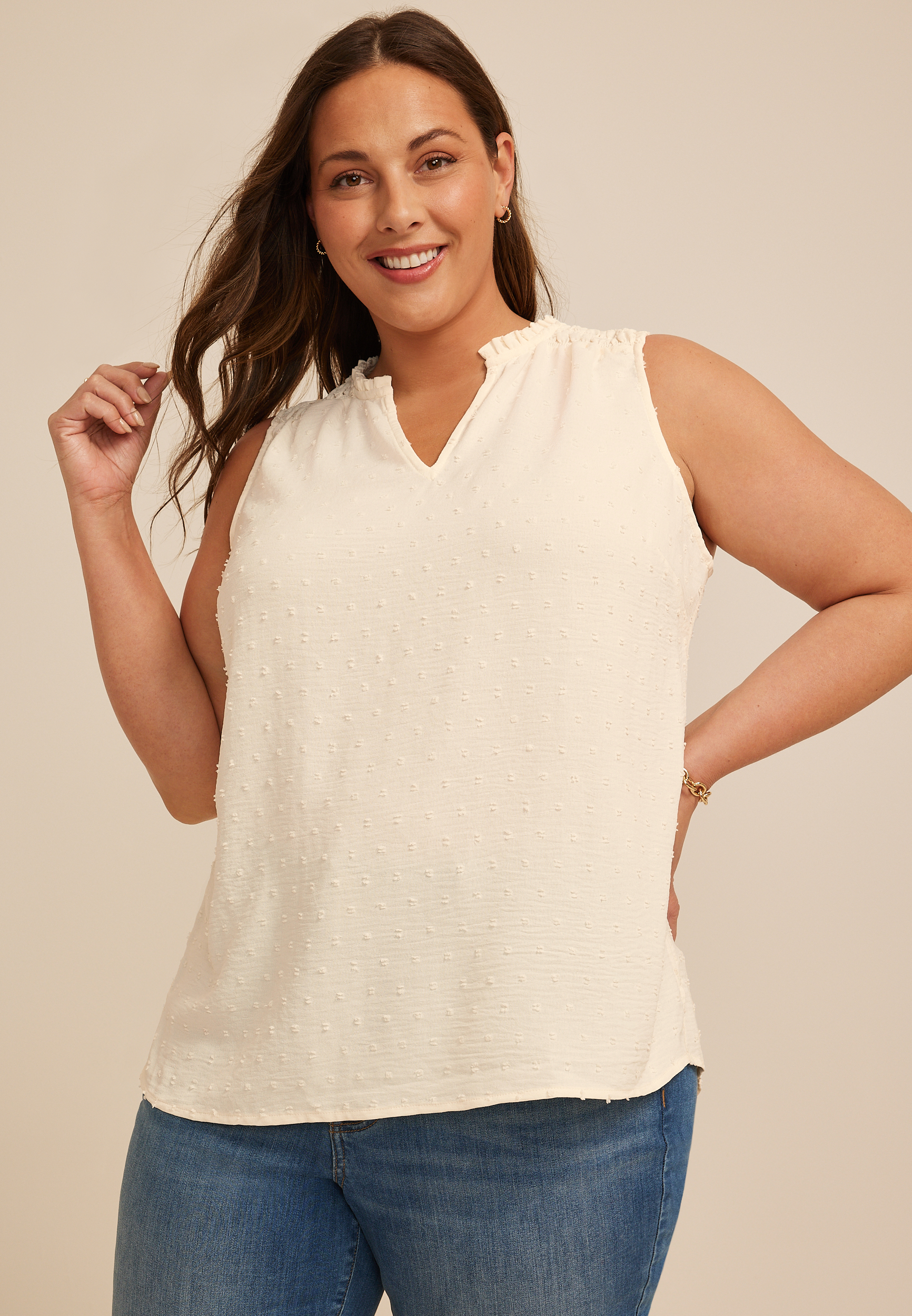 Plus Size Smocked Shoulder Clip Dot Tank Top