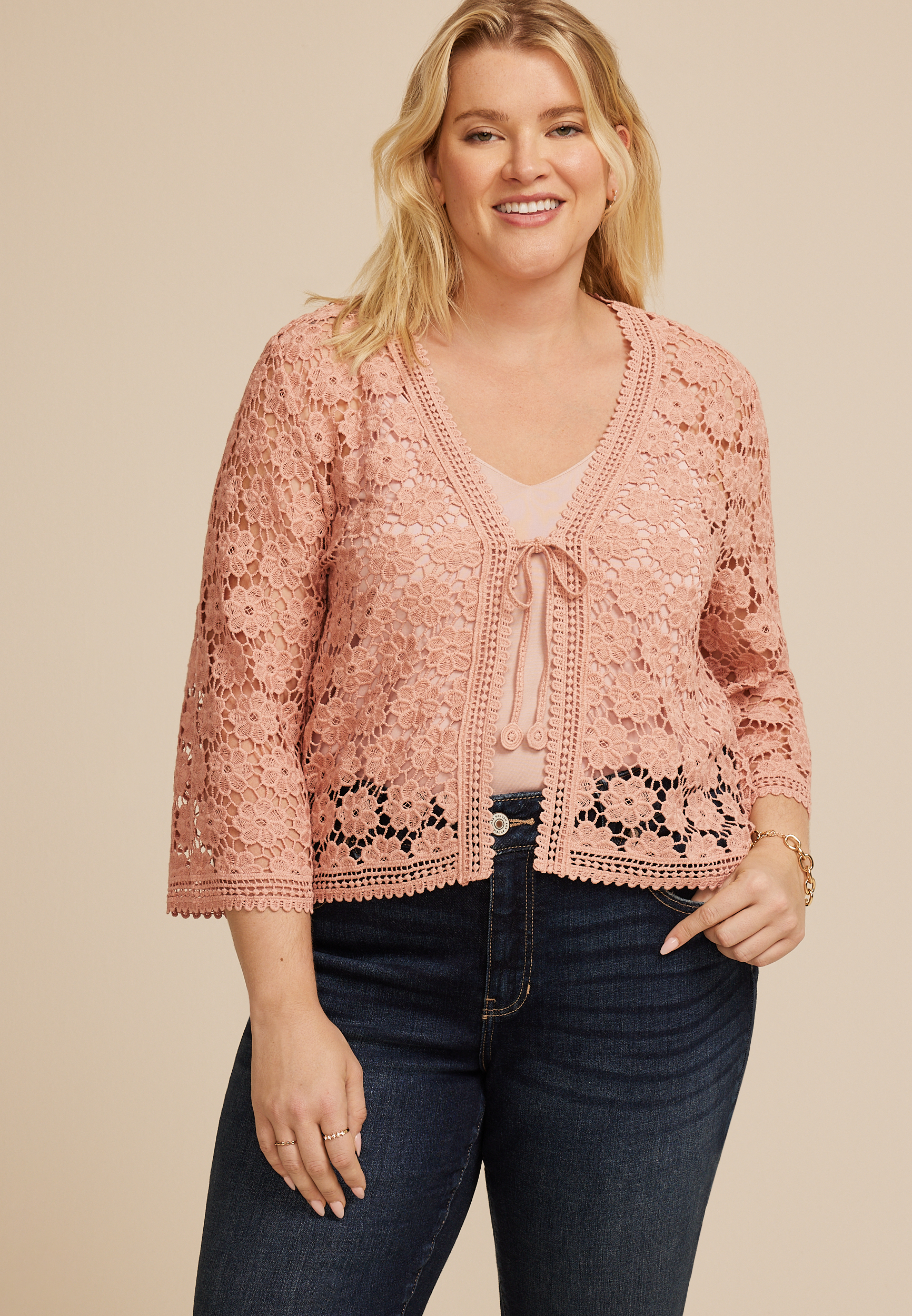 Plus Size Floral Crochet Tie Front Cardigan