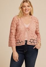 Plus Size Floral Crochet Tie Front Cardigan, C9369, small