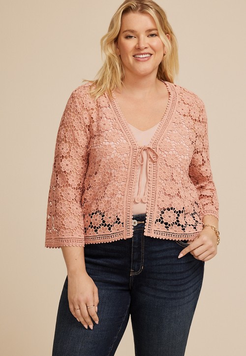 Plus Size Floral Crochet Tie Front Cardigan | maurices